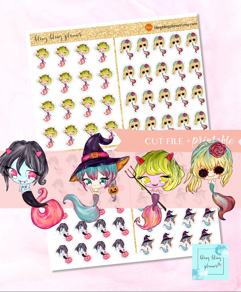 May include: A set of printable Halloween themed stickers featuring cute mermaids with different costumes. The stickers include a witch, a vampire, a devil, and a sugar skull. The stickers are perfect for adding a touch of whimsy to your planner, journal, or other craft projects.