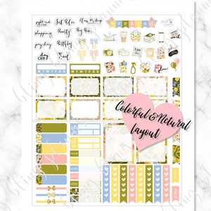 Puede incluir: Un conjunto de pegatinas de planificador coloridas con patrones florales y texto que incluye "Just Relax", "Clean Makeup Brushes", "Weekend", "Time", "Work", "Plan", "Will Do", "Work", "Etsy", "Email" y "Meet".