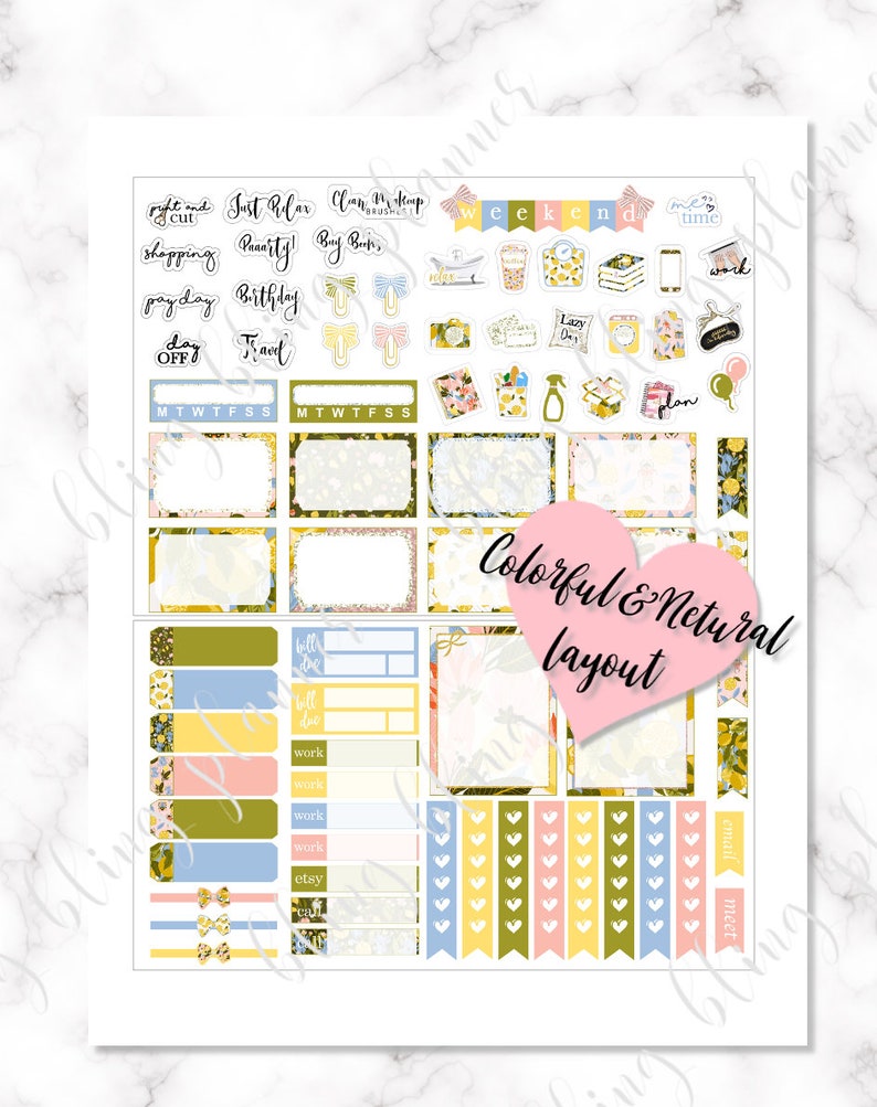 Puede incluir: Un conjunto de pegatinas de planificador coloridas con patrones florales y texto que incluye "Just Relax", "Clean Makeup Brushes", "Weekend", "Time", "Work", "Plan", "Will Do", "Work", "Etsy", "Email" y "Meet".