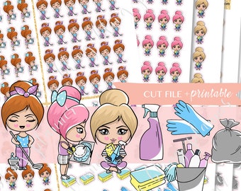 CLEANING ICON PLANNER Stickers, cute cleaning doll deco, cleaning printable stickers, quarantine clean deco, functional planner stickers