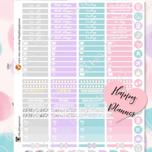 May include: A set of colorful planner stickers with various designs and text. The stickers include a variety of themes, such as "to do", "little things", "today", "rescheduled appointment", "canceled", "to buy", "to clean", "important", "me time", "top priority", "off work morning", "work afternoon", "important evening", and "$2 Tuesday". The stickers are perfect for organizing and decorating your planner.