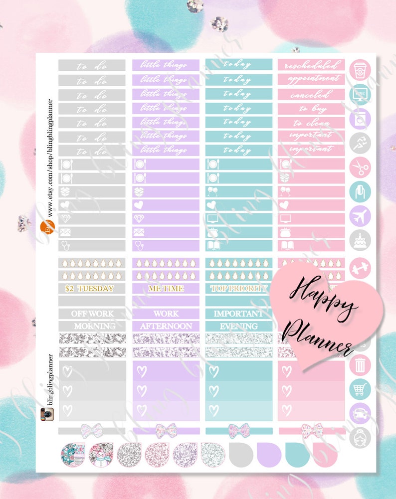May include: A set of colorful planner stickers with various designs and text. The stickers include a variety of themes, such as "to do", "little things", "today", "rescheduled appointment", "canceled", "to buy", "to clean", "important", "me time", "top priority", "off work morning", "work afternoon", "important evening", and "$2 Tuesday". The stickers are perfect for organizing and decorating your planner.