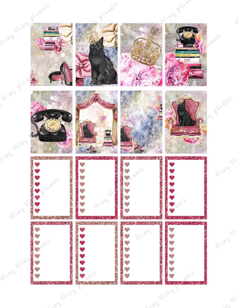 Peut inclure: Un ensemble d'autocollants de planificateur imprimables repr&eacute;sentant un chat noir, une couronne, un t&eacute;l&eacute;phone vintage et une chaise rose. Les autocollants ont un fond paillet&eacute; et sont parfaits pour ajouter une touche de glamour &agrave; votre planificateur.