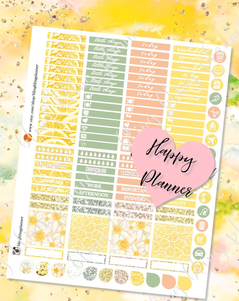 Puede incluir: Un conjunto de pegatinas de planificador coloridas con dise&ntilde;os de limones y flores. Las pegatinas incluyen frases como "peque&ntilde;as cosas", "hoy", "reprogramado", "cita", "cancelado", "para comprar", "para limpiar", "importante", "martes 2 &euro;", "tiempo para m&iacute;", "prioridad m&aacute;xima", "trabajo", "tarde", "importante", "noche" y "belleza".