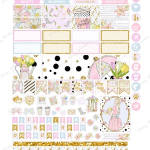 APRIL MONTHLY VIEW, April Monthly Kit, Easter Printable Stickers, Spring girl Printable, Monthly planner stickers, for Erin Condren, floral image 3