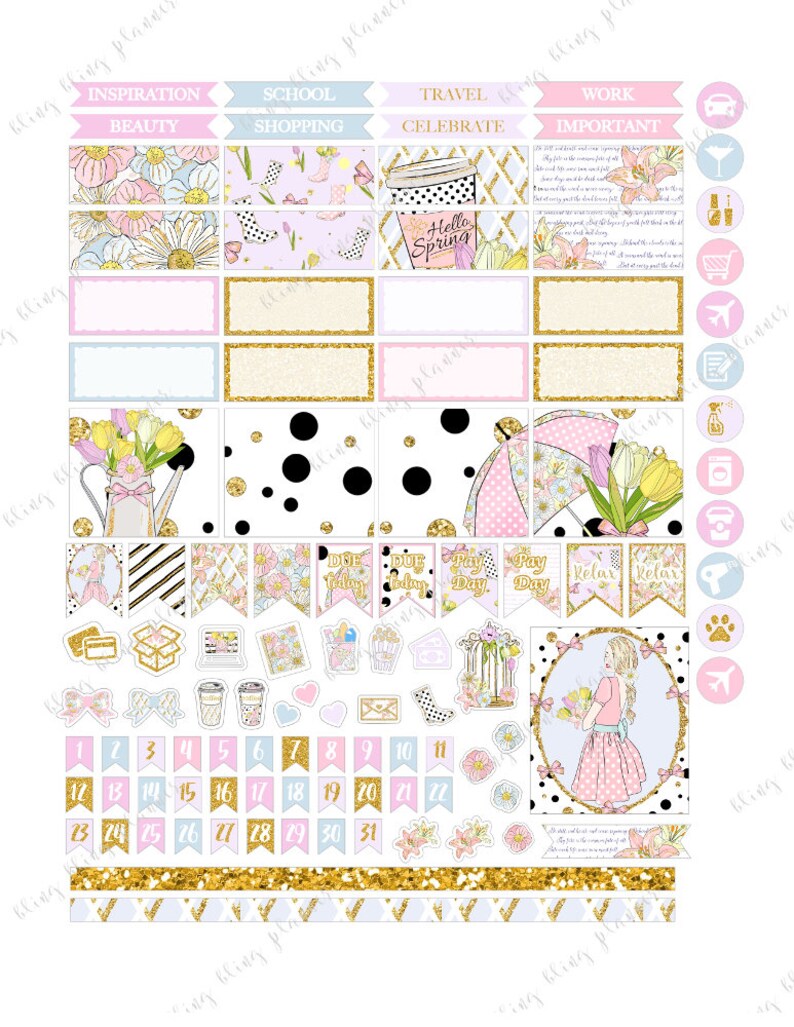 APRIL MONTHLY VIEW, April Monthly Kit, Easter Printable Stickers, Spring girl Printable, Monthly planner stickers, for Erin Condren, floral image 3