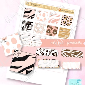 Puede incluir: Pegatinas imprimibles para planificador con un diseño de estampado animal rosa, marrón y negro. Las pegatinas presentan patrones de cebra, leopardo y guepardo. El texto "CUT FILE + printable" está incluido en la página.