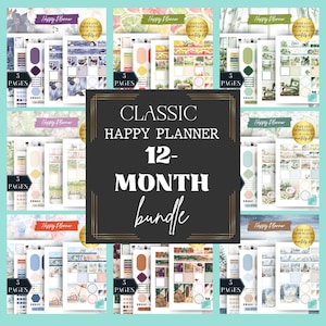 May include: A Classic Happy Planner 12-month bundle with various designs. Each planner set includes 5 pages. The image features a variety of colorful layouts, including floral, fruit, and nature-themed designs. The text "Happy Planner" and "Instant Download" are visible.