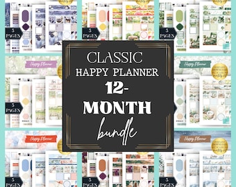 May include: A Classic Happy Planner 12-month bundle with various designs. Each planner set includes 5 pages. The image features a variety of colorful layouts, including floral, fruit, and nature-themed designs. The text "Happy Planner" and "Instant Download" are visible.