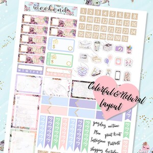 May include: A printable planner sticker sheet with a floral design. The sheet includes a weekly planner, a monthly calendar, and a variety of decorative stickers. The stickers are in pastel colors with gold glitter accents. The text "weekend" is at the top of the sheet. The text "Colorful & Netural layout" is in a pink heart shape.