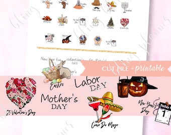 CALENDAR HOLIDAY Planner Stickers, Printable holiday planner stickers, US holiday stickers, all-year-around holiday stickers, holiday icons