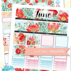May include: A planner sheet with a floral design featuring red flowers and the word "June". The design includes boxes for each day of the week, with a light blue and pink glittery background. The text "CUT FILE + printable" is also present.