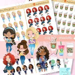 PRINTABLE COFFEE GIRL Stickers, Printable coffee doll stickers, starbucks coffee sticker, printable coffee sticker sticker, iced coffee deco