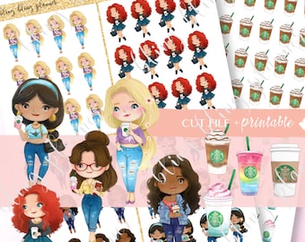 PRINTABLE COFFEE GIRL Stickers, Printable coffee doll stickers, starbucks coffee sticker, printable coffee sticker sticker, iced coffee deco