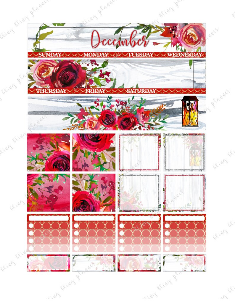 K&ouml;nnte beinhalten: Eine druckbare Planerseite mit Dezember-Thema. Die Seite zeigt ein florales Design mit roten Rosen und Gr&uuml;n. Die Seite ist in Abschnitte f&uuml;r jeden Tag der Woche unterteilt, mit Platz f&uuml;r Notizen und Aufgaben. Die Seite enth&auml;lt auch eine dekorative Laterne.