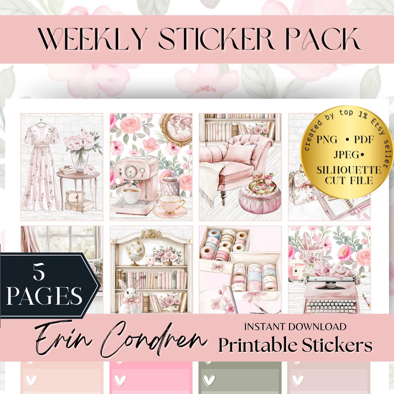 Pink Planner Printable Erin Condren Weekly Sticker, EC Vertical Sticker ...