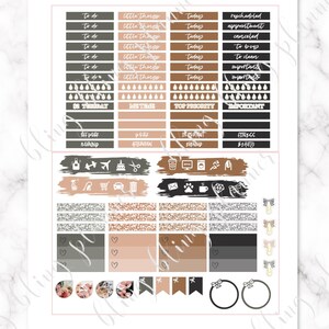 May include: A set of printable planner stickers with a neutral color palette of black, gray, brown, and pink. The stickers feature various designs, including text boxes, icons, and decorative elements. The text on the stickers includes "To Do", "Little Things", "Today", "Rescheduled", "Appointment", "Canceled", "To Buy", "To Clean", "Important", "$2 Tuesday", "Me Time", "Top Priority", "Off Work", "Morning", "Work", "Afternoon", "Iron Print", "Evening", "Fitness", "Beauty".
