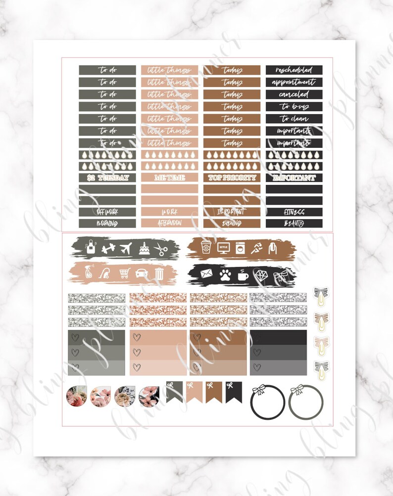 May include: A set of printable planner stickers with a neutral color palette of black, gray, brown, and pink. The stickers feature various designs, including text boxes, icons, and decorative elements. The text on the stickers includes "To Do", "Little Things", "Today", "Rescheduled", "Appointment", "Canceled", "To Buy", "To Clean", "Important", "$2 Tuesday", "Me Time", "Top Priority", "Off Work", "Morning", "Work", "Afternoon", "Iron Print", "Evening", "Fitness", "Beauty".