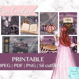 May include: A set of printable Halloween themed planner stickers featuring a spooky fireplace, a skull, a book with the text "You are never alone", a typewriter with the word "HELP" on it, a raven, a pumpkin, and a woman in a pink dress.