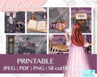 May include: A set of printable Halloween themed planner stickers featuring a spooky fireplace, a skull, a book with the text "You are never alone", a typewriter with the word "HELP" on it, a raven, a pumpkin, and a woman in a pink dress.