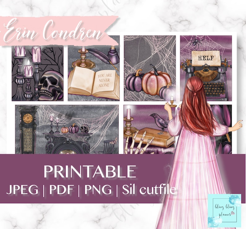 May include: A set of printable Halloween themed planner stickers featuring a spooky fireplace, a skull, a book with the text "You are never alone", a typewriter with the word "HELP" on it, a raven, a pumpkin, and a woman in a pink dress.