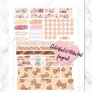 Puede incluir: Un conjunto de pegatinas imprimibles para planificadores con dise&ntilde;os de estampado de leopardo, flores y lazos. Las pegatinas incluyen un calendario, los d&iacute;as de la semana y otros elementos decorativos. El texto "Colorful & Netural layout" est&aacute; incluido en la hoja de pegatinas.