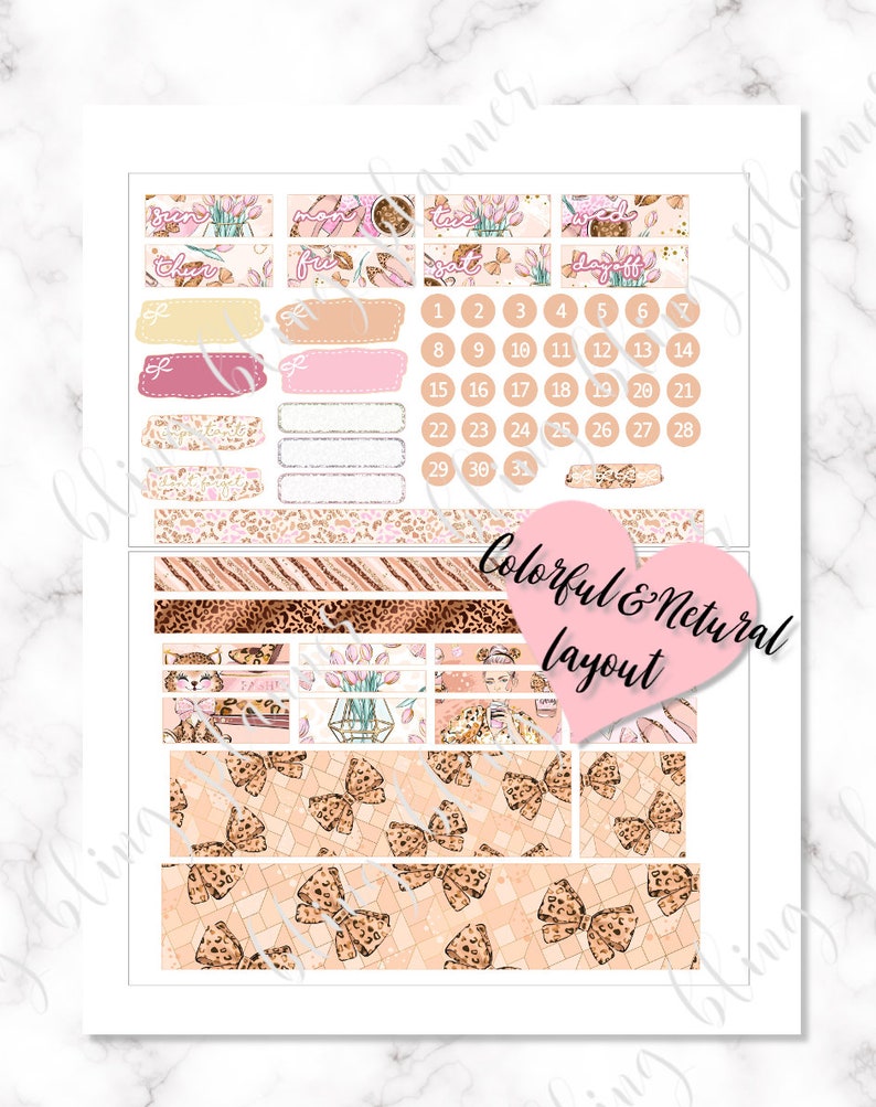 Puede incluir: Un conjunto de pegatinas imprimibles para planificadores con dise&ntilde;os de estampado de leopardo, flores y lazos. Las pegatinas incluyen un calendario, los d&iacute;as de la semana y otros elementos decorativos. El texto "Colorful & Netural layout" est&aacute; incluido en la hoja de pegatinas.