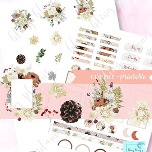 May include: A set of printable planner stickers featuring a winter floral theme. The stickers include floral bouquets, pine cones, snowflakes, and a variety of other decorative elements. The stickers are designed to be used in a planner or journal.