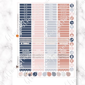 May include: A set of planner stickers in navy blue, pink, and grey with glitter accents. The stickers include various shapes, sizes, and designs, such as boxes, circles, and banners. The stickers feature text such as "to do", "little things", "today", "rescheduled", "appointment", "cancelled", "to buy", "to clean", "important", "Tuesday", "nighttime", "top priority", "important", "off work morning", "work afternoon", "important evening", "fitness beauty", and various icons.