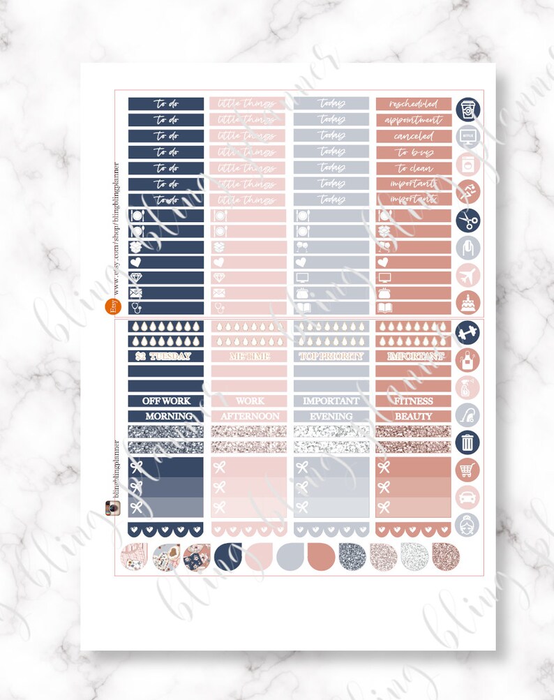 May include: A set of planner stickers in navy blue, pink, and grey with glitter accents. The stickers include various shapes, sizes, and designs, such as boxes, circles, and banners. The stickers feature text such as "to do", "little things", "today", "rescheduled", "appointment", "cancelled", "to buy", "to clean", "important", "Tuesday", "nighttime", "top priority", "important", "off work morning", "work afternoon", "important evening", "fitness beauty", and various icons.