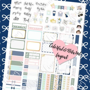 May include: A printable planner sticker sheet with a blue, green, and pink color scheme. The stickers feature various phrases like "Just Relax", "Birthday", "Weekend", and "Bill Due". There are also several decorative stickers, including bows, a heart, and a house.