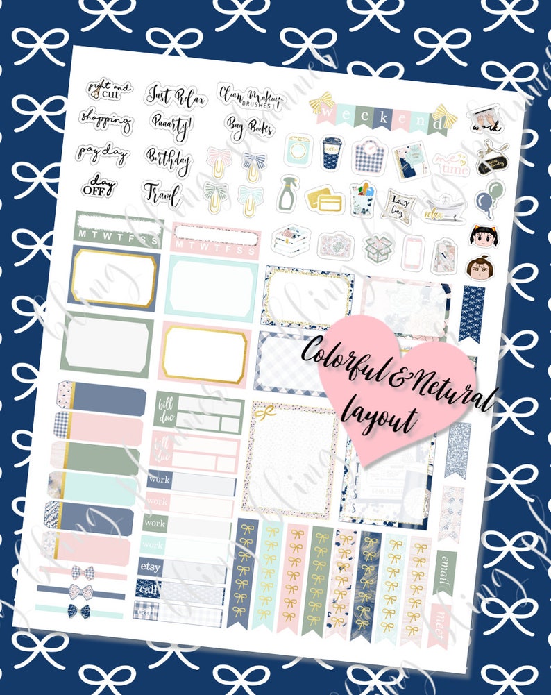 May include: A printable planner sticker sheet with a blue, green, and pink color scheme. The stickers feature various phrases like "Just Relax", "Birthday", "Weekend", and "Bill Due". There are also several decorative stickers, including bows, a heart, and a house.