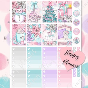 May include: A set of nine planner stickers featuring winter holiday themes. The stickers include a snowman, a Christmas tree, a pair of ice skates, a hot chocolate mug, a poinsettia, a snow globe, a dog, and three blank boxes with hearts. The stickers are in pink, blue, and white colors. The text "Happy Planner" is written in a pink heart.