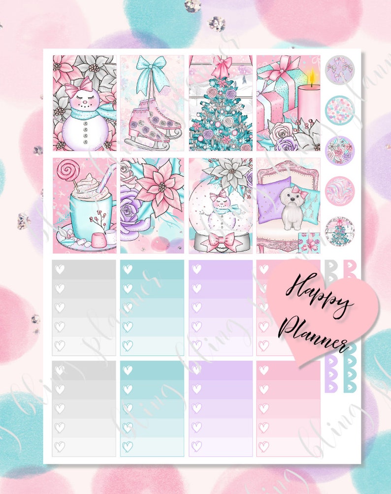 May include: A set of nine planner stickers featuring winter holiday themes. The stickers include a snowman, a Christmas tree, a pair of ice skates, a hot chocolate mug, a poinsettia, a snow globe, a dog, and three blank boxes with hearts. The stickers are in pink, blue, and white colors. The text "Happy Planner" is written in a pink heart.