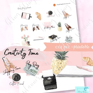 Puede incluir: Un conjunto de pegatinas imprimibles para planificadores que presentan diversas actividades y temas, como compras, café, creatividad y día de pago. Las pegatinas están ilustradas en un estilo acuarela con un fondo rosa y blanco.