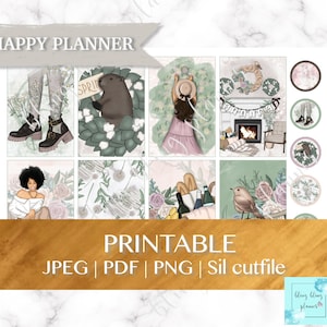 Peut inclure: Une feuille d'autocollants de planificateur numérique sur le thème du printemps. La feuille comprend des illustrations d'une marmotte tenant une pancarte, d'une femme en robe rose et d'arrangements floraux. Le texte "HAPPY PLANNER" et "PRINTABLE" sont visibles.