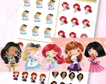 PRINTABLE cute PRINCESS STICKERS, princess Anna stickers, Mulan stickers, Alice in wonderland stickers, princess and pet stickers, goodnotes