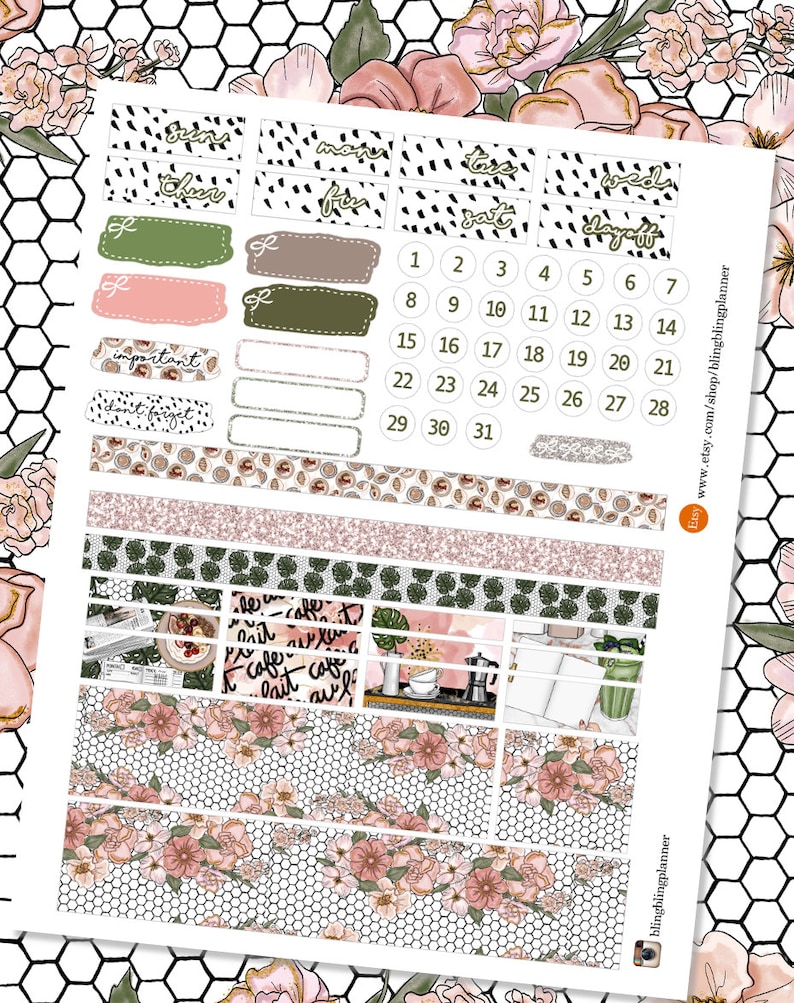 Puede incluir: Un conjunto de pegatinas de planificador imprimibles con dise&ntilde;os florales, tazas de caf&eacute; y un calendario con los d&iacute;as de la semana y los n&uacute;meros del 1 al 31. Las pegatinas est&aacute;n dise&ntilde;adas para usar en un planificador o diario.