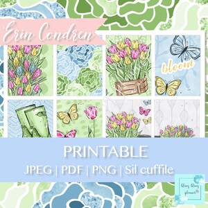 May include: A printable design featuring watercolor illustrations of tulips, butterflies, and garden boots. The design includes the text "Erin Condren" and "bloom", along with file type options: JPEG, PDF, PNG, and Sil cuffile. The overall theme is spring and gardening.