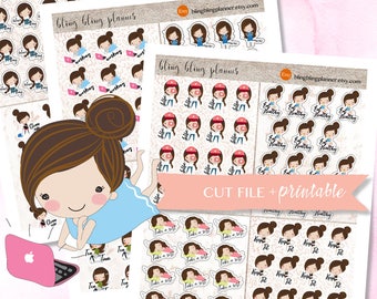 CUTE BROWN GIRL Stickers, Functional clipart, kawaii girl stickers, girl activities sticker, printable functional clipart, planner girl