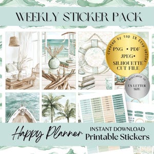 Strand Küste Happy Planner druckbare Planer Aufkleber, Juni Sommer Journal Aufkleber, fertig zum Drucken von Schnittdateien, digitale Planungsreiseaufkleber