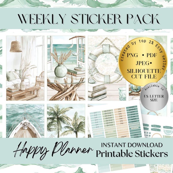 Beach Coastal Happy Planner Printable Planner Sticker, June summer journal sticker, ready to print cutfile, digital planning travel stickers