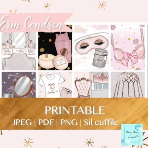 Pu&ograve; includere: Un set di adesivi per planner stampabili che includono un mobiletto con specchio, una tazza di caff&egrave;, una maschera per dormire, un reggiseno, uno specchio con stelle, una maglietta con la scritta "capelli in disordine e pantaloni della tuta", una sedia, una gabbia e una finestra con un lampadario. Gli adesivi sono rosa, oro e bianco.