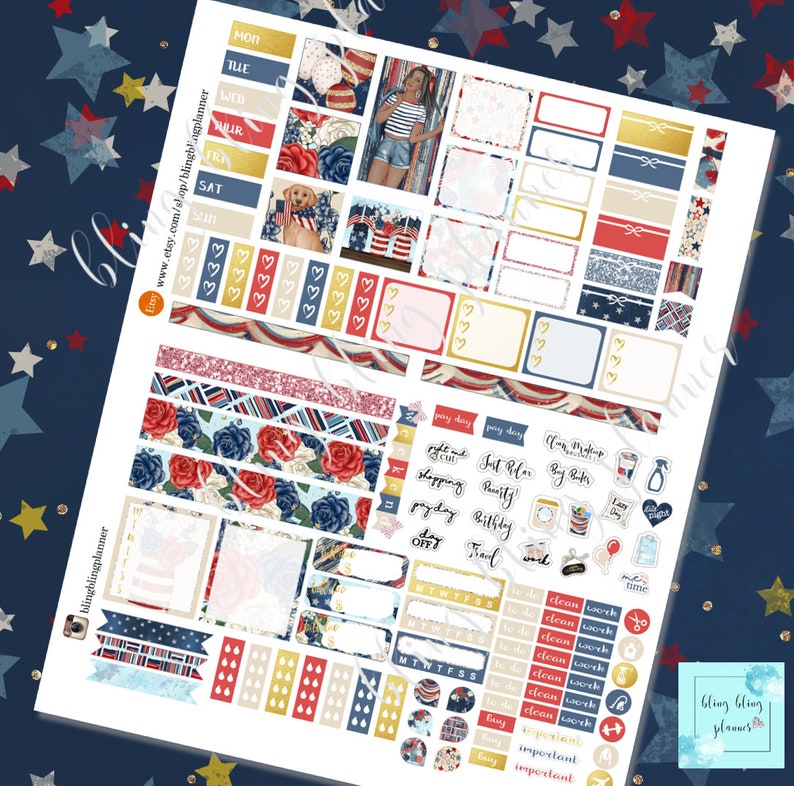 K&ouml;nnte beinhalten: Ein Satz bedruckbarer Planer-Aufkleber mit einem rot-wei&szlig;-blauen patriotischen Thema. Die Aufkleber zeigen Sterne, Streifen, Herzen, Blumen und andere Designs. Die Aufkleber sind perfekt, um Ihrem Planer einen Hauch von Americana zu verleihen.