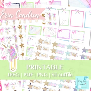 BOW CLIP PRINTABLE, Half Box Planner Sticker, Full Box planner stickers, Printable Date Cover Planner Sticker, Unicorn Planner Stickers,
