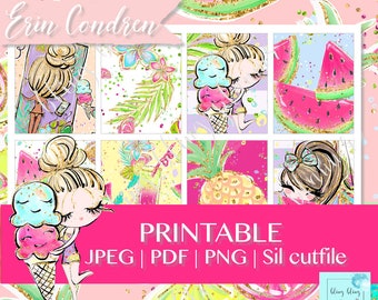 May include: Printable digital paper pack with a summer theme. The design features a girl with blonde hair holding an ice cream cone, a pineapple, a watermelon, and a tropical leaf pattern. The text "Erin Condren" and "PRINTABLE JPEG | PDF | PNG | Sil cutfile" is included in the design.