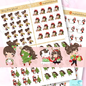 CHRISTMAS GIRL PLANNER Aufkleber, Weihnachtsaktivität Aufkleber, brünette Mädchen Aufkleber, druckbare Planner Aufkleber, Weihnachtseimer Aufkleber