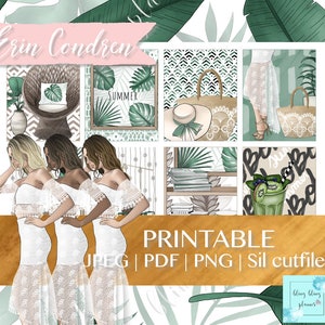 May include: Printable digital planner stickers featuring three women in white lace dresses, a tropical plant, a wicker chair, a straw bag, a glass of green smoothie, and the text "SUMMER" and "PRINTABLE".