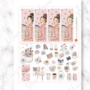 May include: A set of planner stickers featuring a woman in a plaid shirt holding a stack of books, pumpkins, coffee cups, and other autumn-themed illustrations. The stickers are on a white background.