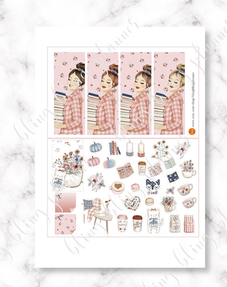 May include: A set of planner stickers featuring a woman in a plaid shirt holding a stack of books, pumpkins, coffee cups, and other autumn-themed illustrations. The stickers are on a white background.